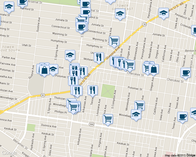 map of restaurants, bars, coffee shops, grocery stores, and more near 3455 Louisiana Avenue in St. Louis