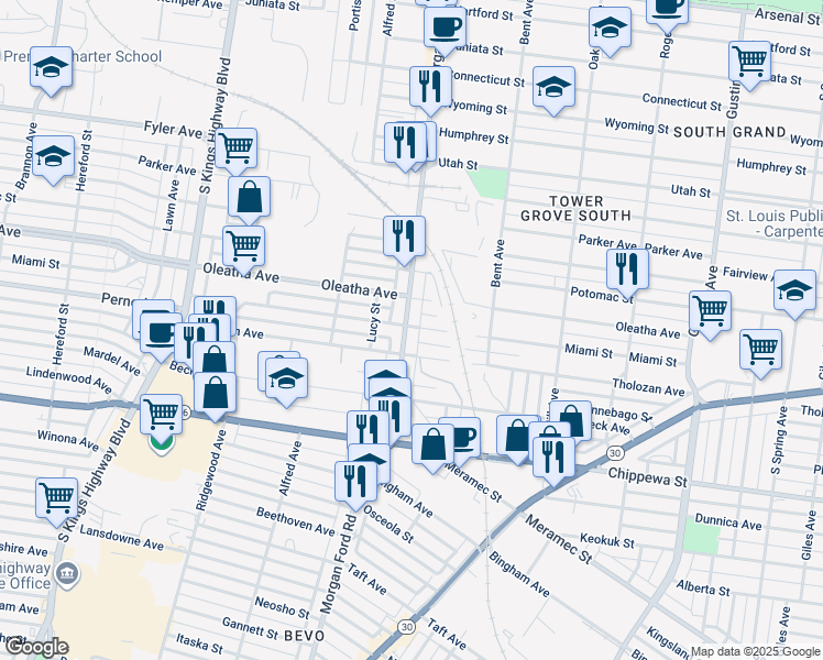 map of restaurants, bars, coffee shops, grocery stores, and more near 3536 Morgan Ford Road in St. Louis