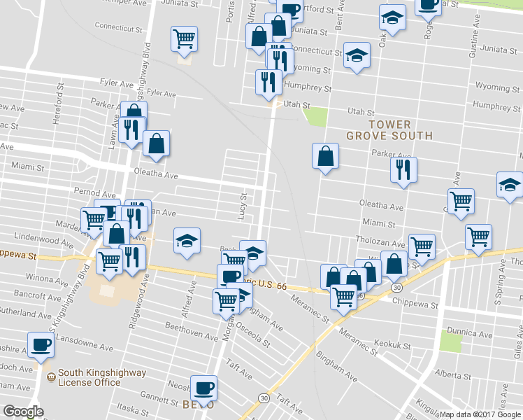 map of restaurants, bars, coffee shops, grocery stores, and more near 3536 Morgan Ford Road in St. Louis