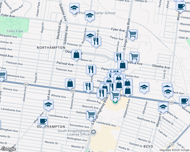 map of restaurants, bars, coffee shops, grocery stores, and more near 4997 Mardel Avenue in St. Louis