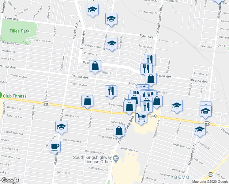 map of restaurants, bars, coffee shops, grocery stores, and more near 4997 Mardel Avenue in St. Louis