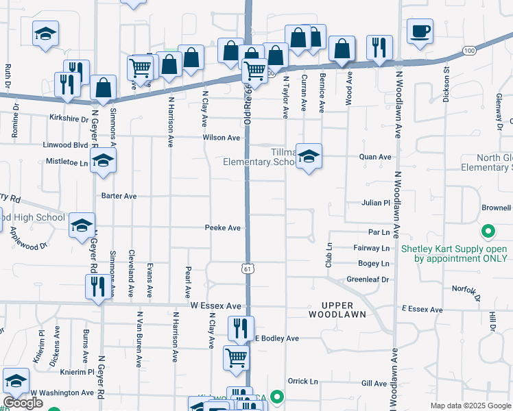 map of restaurants, bars, coffee shops, grocery stores, and more near 830 North Kirkwood Road in Kirkwood