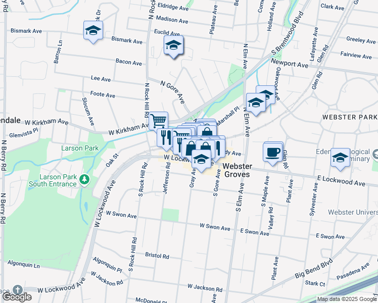 map of restaurants, bars, coffee shops, grocery stores, and more near 21 Allen Avenue in Webster Groves