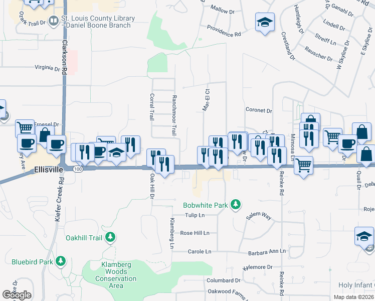 map of restaurants, bars, coffee shops, grocery stores, and more near 16 Mar-El Court in Ellisville