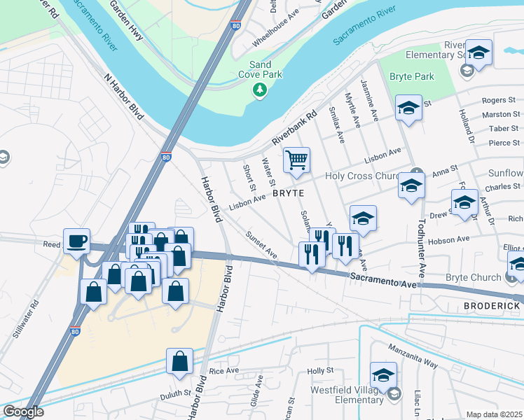 map of restaurants, bars, coffee shops, grocery stores, and more near 717 North Hobson Avenue in West Sacramento