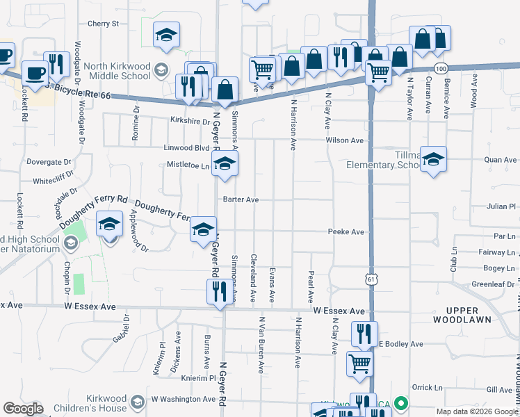 map of restaurants, bars, coffee shops, grocery stores, and more near 813 Evans Avenue in Kirkwood
