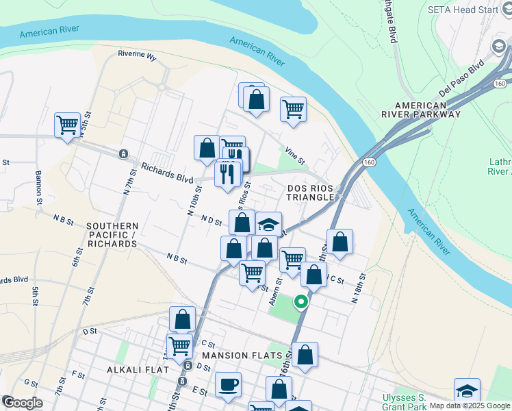 map of restaurants, bars, coffee shops, grocery stores, and more near 382 Mint Street in Sacramento