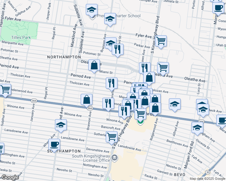map of restaurants, bars, coffee shops, grocery stores, and more near 3710 Hereford Street in Saint Louis