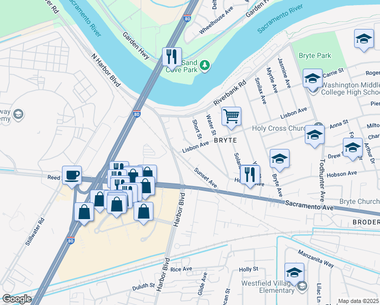 map of restaurants, bars, coffee shops, grocery stores, and more near 1715 Lisbon Avenue in West Sacramento