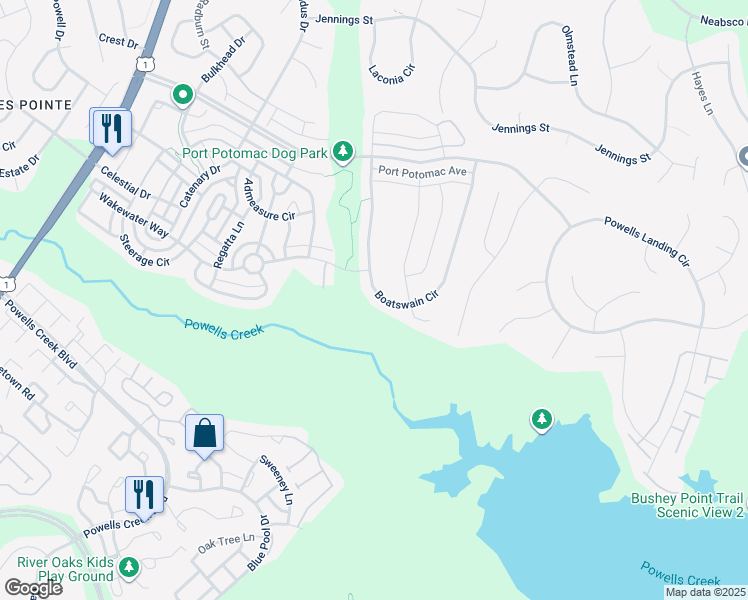 map of restaurants, bars, coffee shops, grocery stores, and more near 16435 Boatswain Circle in Woodbridge