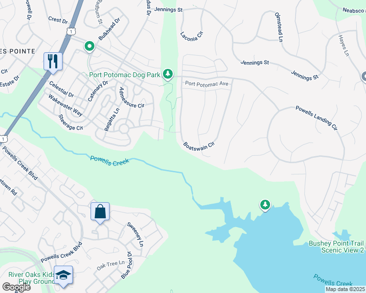 map of restaurants, bars, coffee shops, grocery stores, and more near 16435 Boatswain Circle in Woodbridge