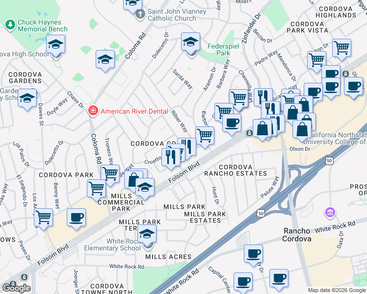 map of restaurants, bars, coffee shops, grocery stores, and more near 2730 Ribier Way in Rancho Cordova