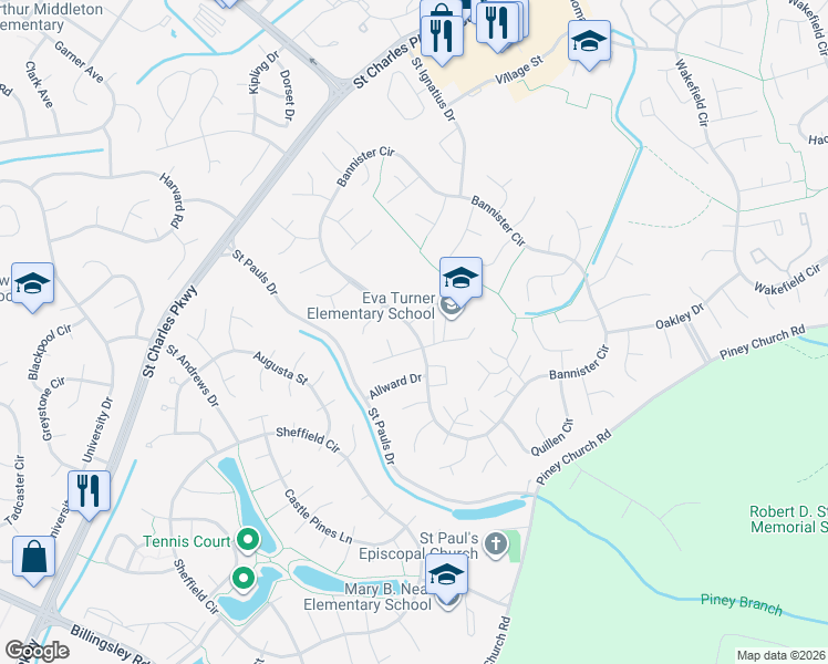 map of restaurants, bars, coffee shops, grocery stores, and more near 1001 Bannister Circle in Saint Charles