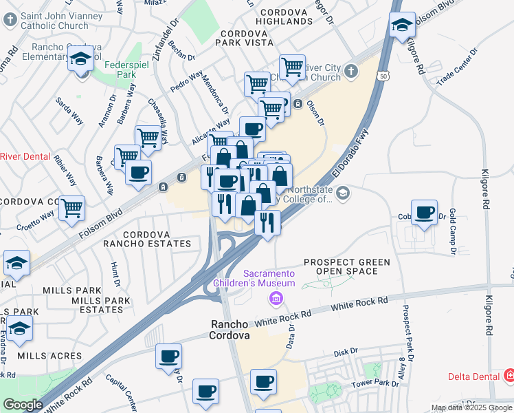 map of restaurants, bars, coffee shops, grocery stores, and more near 10899 Olson Drive in Rancho Cordova