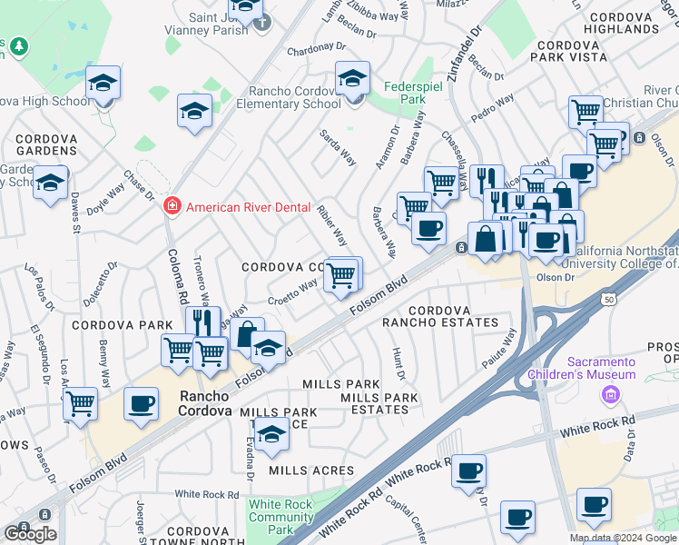 map of restaurants, bars, coffee shops, grocery stores, and more near 2730 Ribier Way in Rancho Cordova