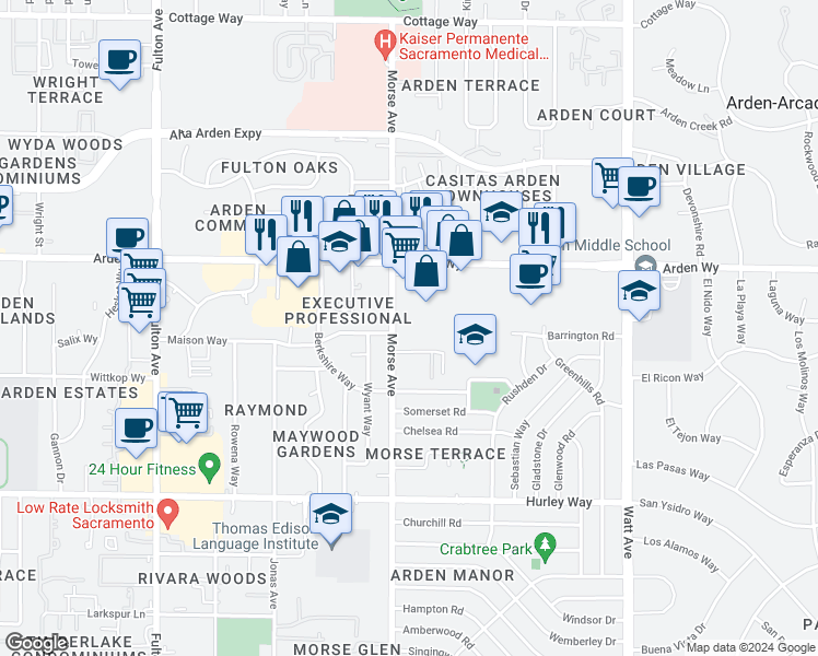 map of restaurants, bars, coffee shops, grocery stores, and more near 1580 Morse Avenue in Sacramento