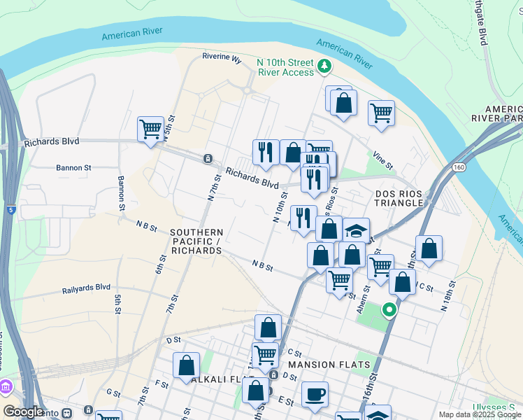 map of restaurants, bars, coffee shops, grocery stores, and more near 434 North 10th Street in Sacramento