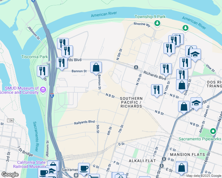 map of restaurants, bars, coffee shops, grocery stores, and more near 522 South 5th Street in Sacramento