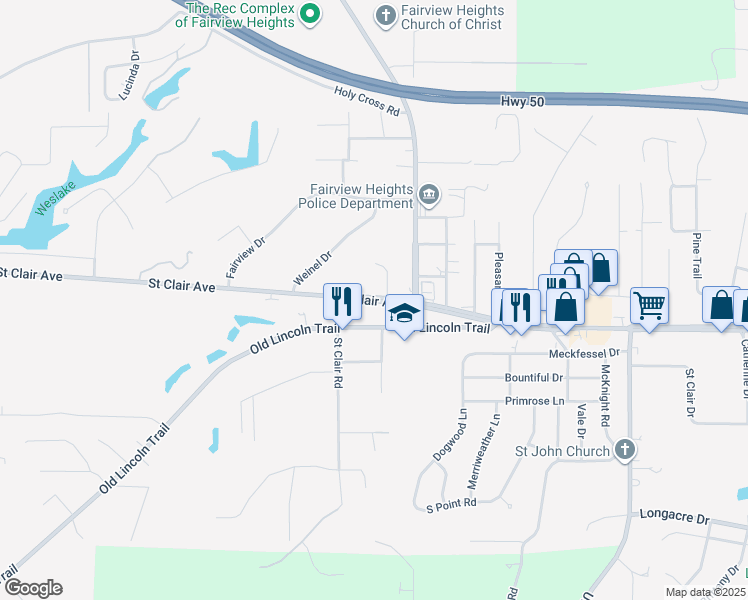 map of restaurants, bars, coffee shops, grocery stores, and more near 10009 Lincoln Trail in Fairview Heights