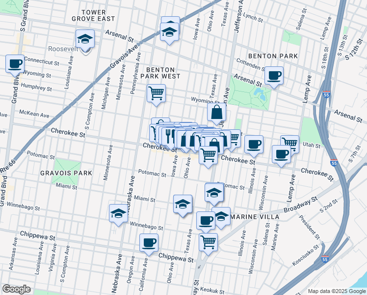 map of restaurants, bars, coffee shops, grocery stores, and more near 2720 Cherokee Street in St. Louis