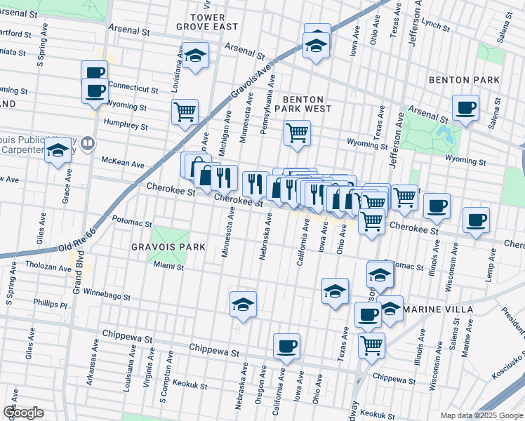 map of restaurants, bars, coffee shops, grocery stores, and more near 3419 Nebraska Avenue in St. Louis