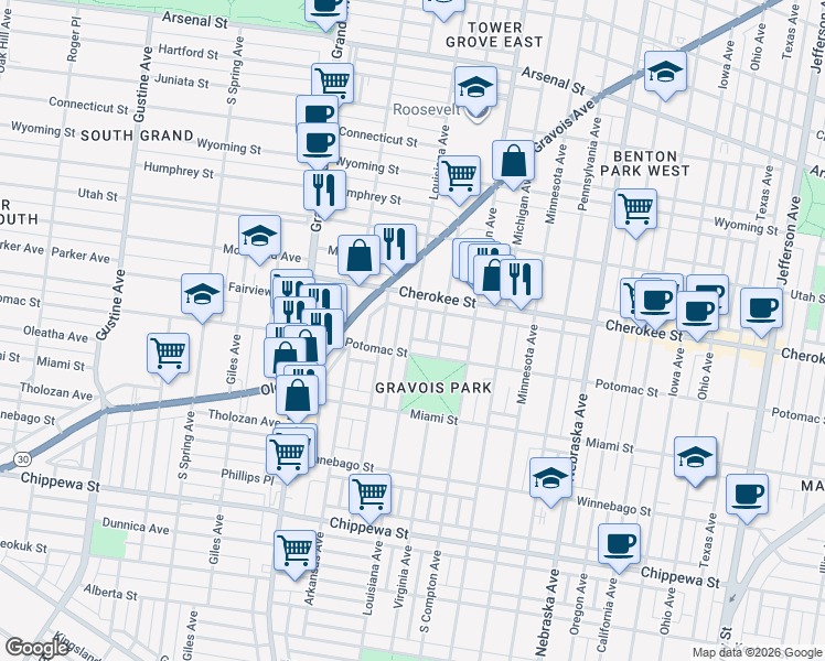 map of restaurants, bars, coffee shops, grocery stores, and more near 3455 Louisiana Avenue in St. Louis