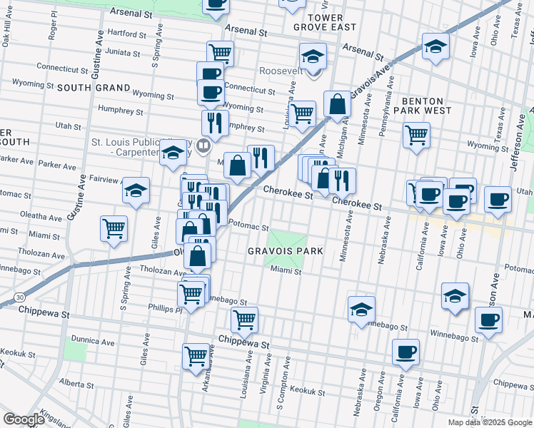 map of restaurants, bars, coffee shops, grocery stores, and more near 3455 Louisiana Avenue in St. Louis