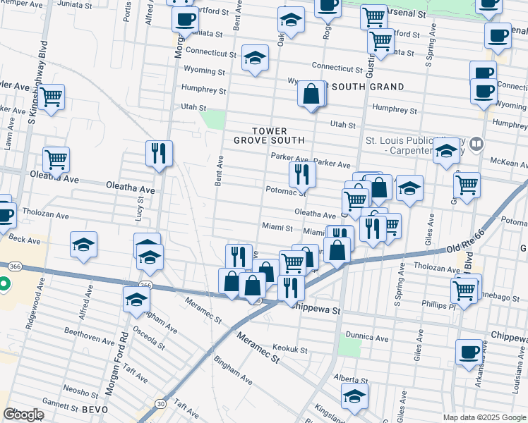 map of restaurants, bars, coffee shops, grocery stores, and more near 3518 Oak Hill Avenue in St. Louis