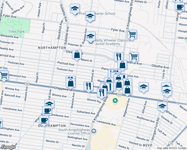 map of restaurants, bars, coffee shops, grocery stores, and more near 4997 Mardel Avenue in St. Louis