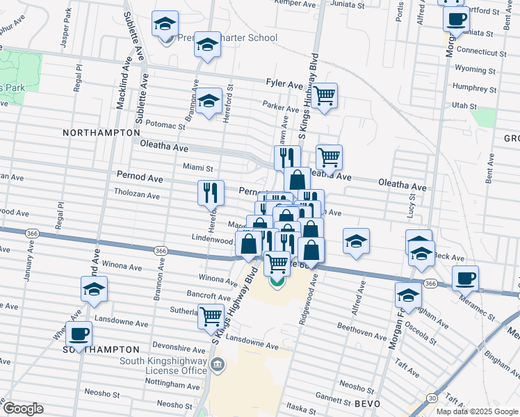 map of restaurants, bars, coffee shops, grocery stores, and more near 3632 Lawn Avenue in St. Louis