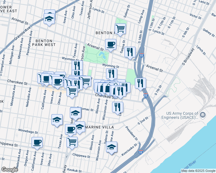 map of restaurants, bars, coffee shops, grocery stores, and more near 3319 Wisconsin Avenue in St. Louis
