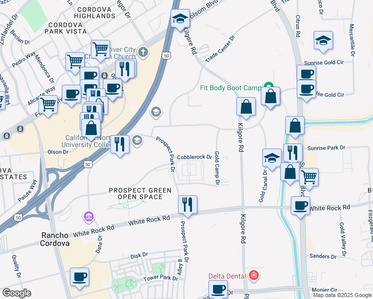 map of restaurants, bars, coffee shops, grocery stores, and more near 3140 Cobblerock Drive in Rancho Cordova