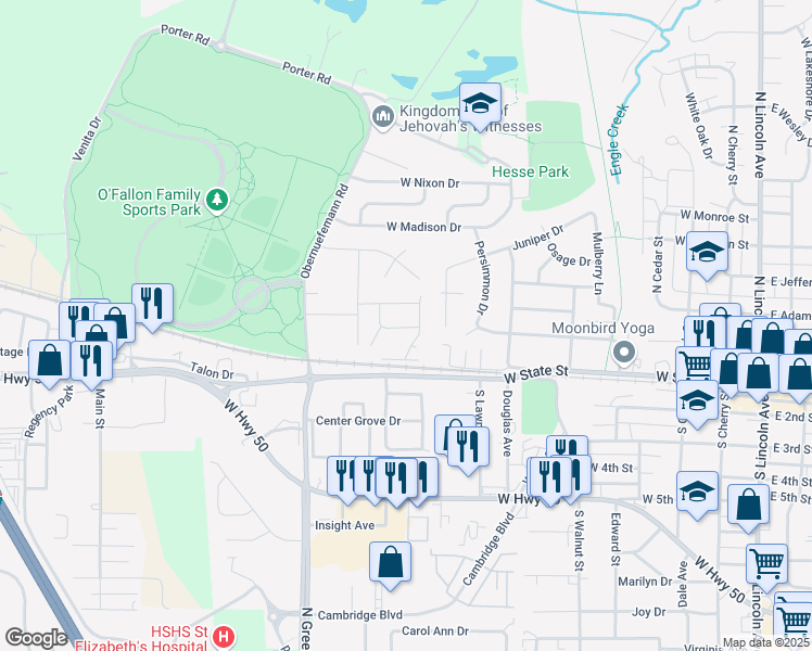 map of restaurants, bars, coffee shops, grocery stores, and more near 917A Natasha Circle in O'Fallon
