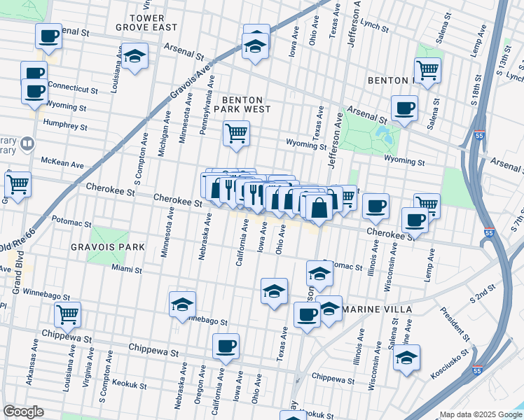 map of restaurants, bars, coffee shops, grocery stores, and more near 2741A Cherokee Street in St. Louis
