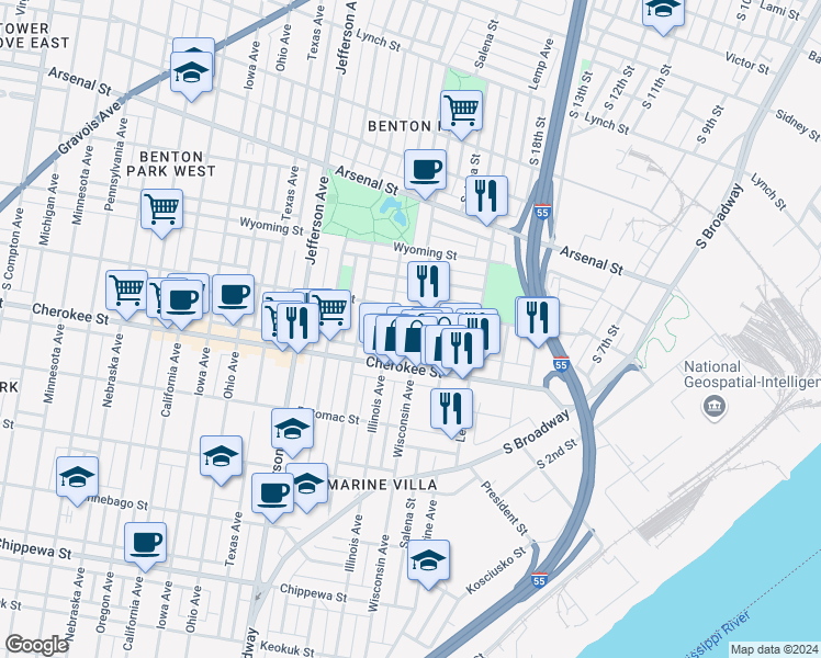 map of restaurants, bars, coffee shops, grocery stores, and more near 3319 Wisconsin Avenue in St. Louis