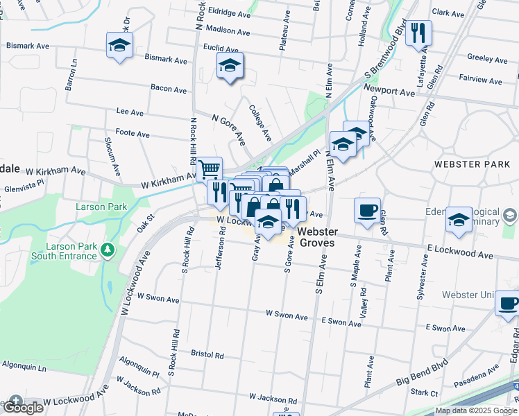 map of restaurants, bars, coffee shops, grocery stores, and more near 21 Allen Avenue in Webster Groves