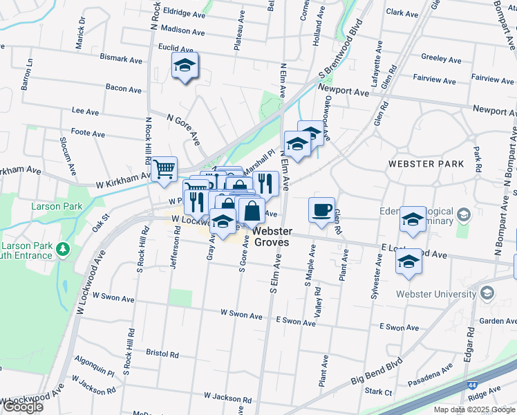 map of restaurants, bars, coffee shops, grocery stores, and more near 45 West Lockwood Avenue in Webster Groves