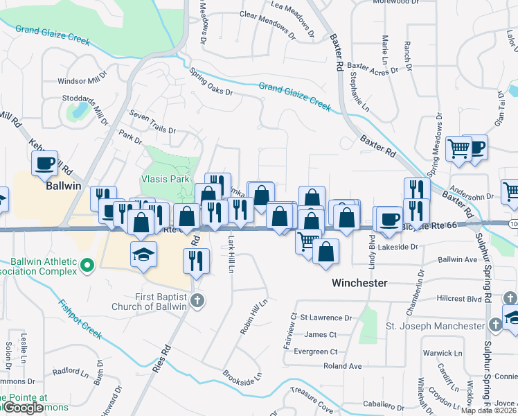 map of restaurants, bars, coffee shops, grocery stores, and more near 101 Timka Drive in Ballwin