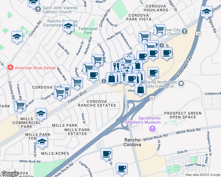 map of restaurants, bars, coffee shops, grocery stores, and more near 10732 Olson Drive in Rancho Cordova