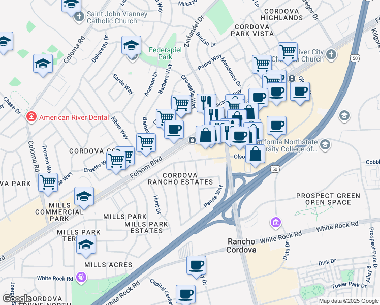 map of restaurants, bars, coffee shops, grocery stores, and more near 2832 Cochise Court in Rancho Cordova