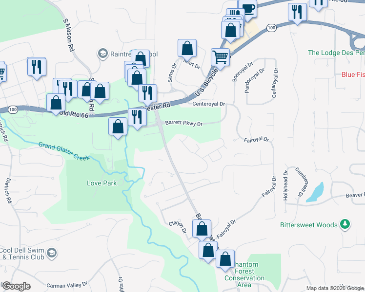 map of restaurants, bars, coffee shops, grocery stores, and more near 2375 Hidden Meadow Lane in Ballwin