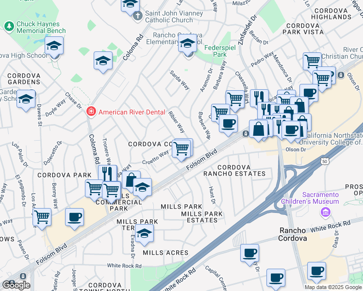 map of restaurants, bars, coffee shops, grocery stores, and more near 2730 Ribier Way in Rancho Cordova