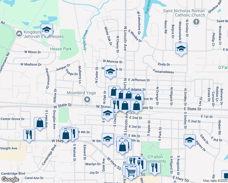 map of restaurants, bars, coffee shops, grocery stores, and more near 208 West Washington Street in O'Fallon