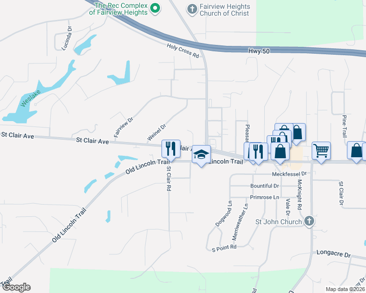 map of restaurants, bars, coffee shops, grocery stores, and more near 10009 Lincoln Trail in Fairview Heights