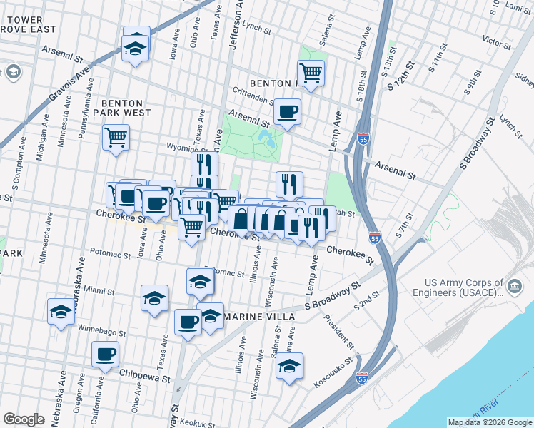 map of restaurants, bars, coffee shops, grocery stores, and more near 3339 Illinois Avenue in St. Louis