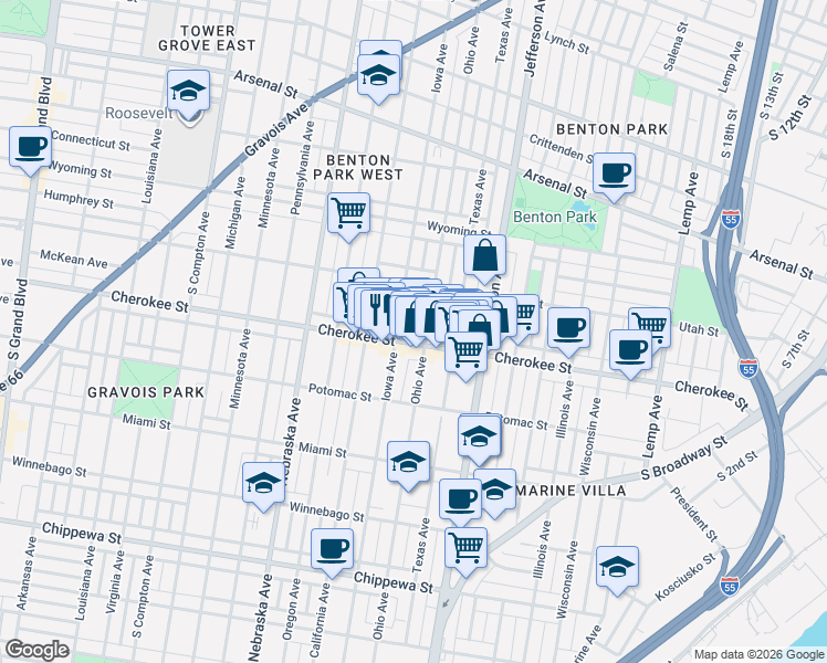 map of restaurants, bars, coffee shops, grocery stores, and more near 2710 Cherokee Street in St. Louis