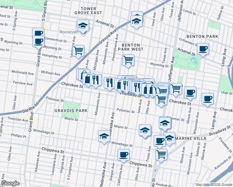 map of restaurants, bars, coffee shops, grocery stores, and more near 3419 Nebraska Avenue in St. Louis