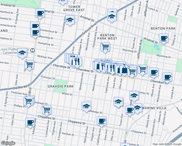 map of restaurants, bars, coffee shops, grocery stores, and more near in St. Louis