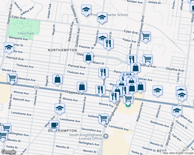 map of restaurants, bars, coffee shops, grocery stores, and more near 5033 Mardel Avenue in St. Louis