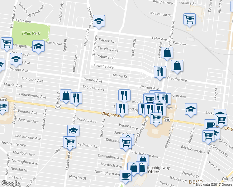 map of restaurants, bars, coffee shops, grocery stores, and more near 5033 Mardel Avenue in St. Louis